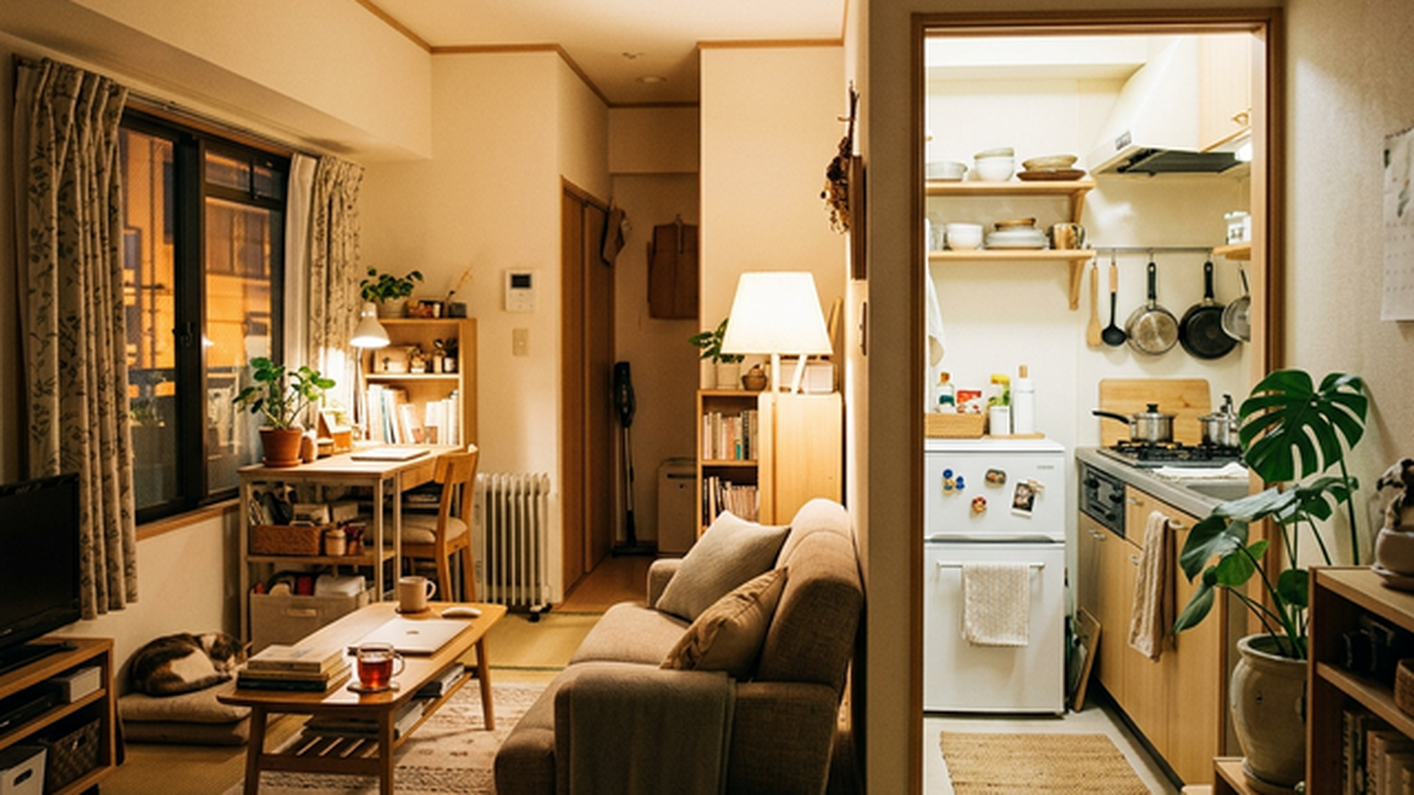 一人暮らしアパートのキッチンに置かれたコンパクト冷蔵庫