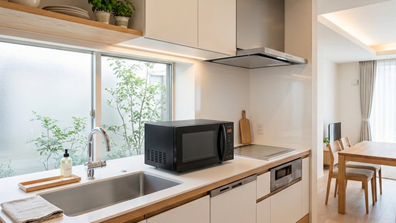 アイリスオーヤマ 電子レンジ フラット 18L PMG-F188-B キッチン設置シーン