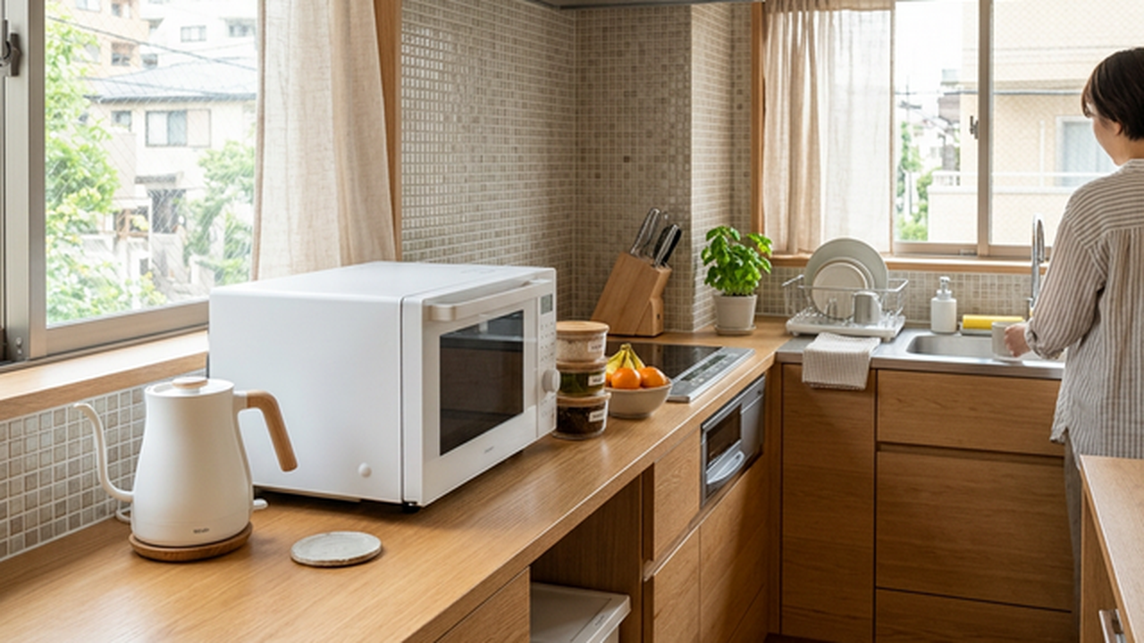 フラット式電子レンジが置かれた一人暮らしキッチン