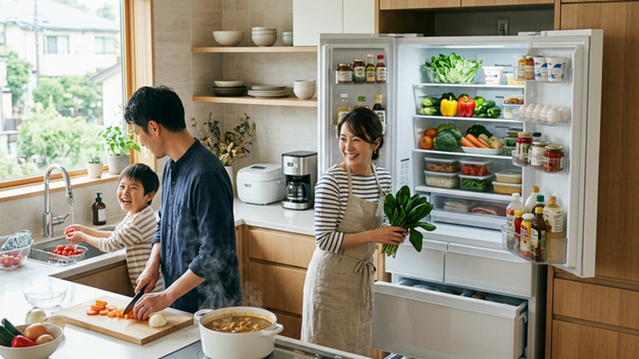 パナソニック 451L 6ドア冷蔵庫 NR-FVF45S2-W キッチン設置シーン