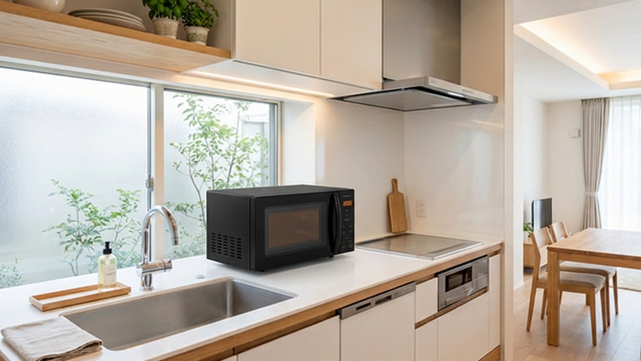 アイリスオーヤマ 電子レンジ 17L PMG-T179-B キッチン設置シーン