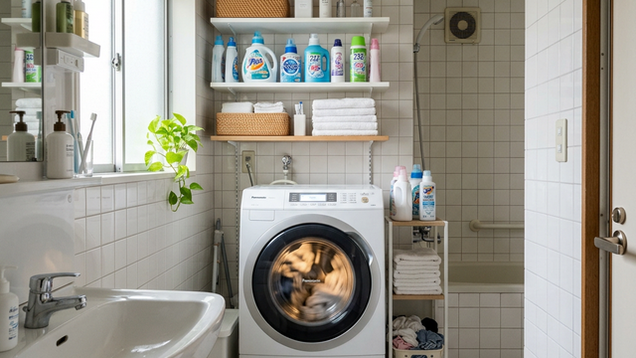 清潔な洗面所に設置された白い全自動洗濯機